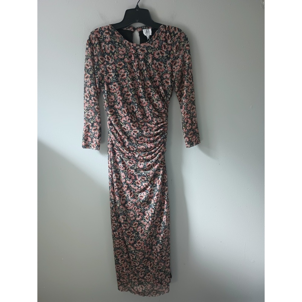DRA Women's Size XS Ankle Length Dress Ruched Floral Long Sleeve Strech Slit